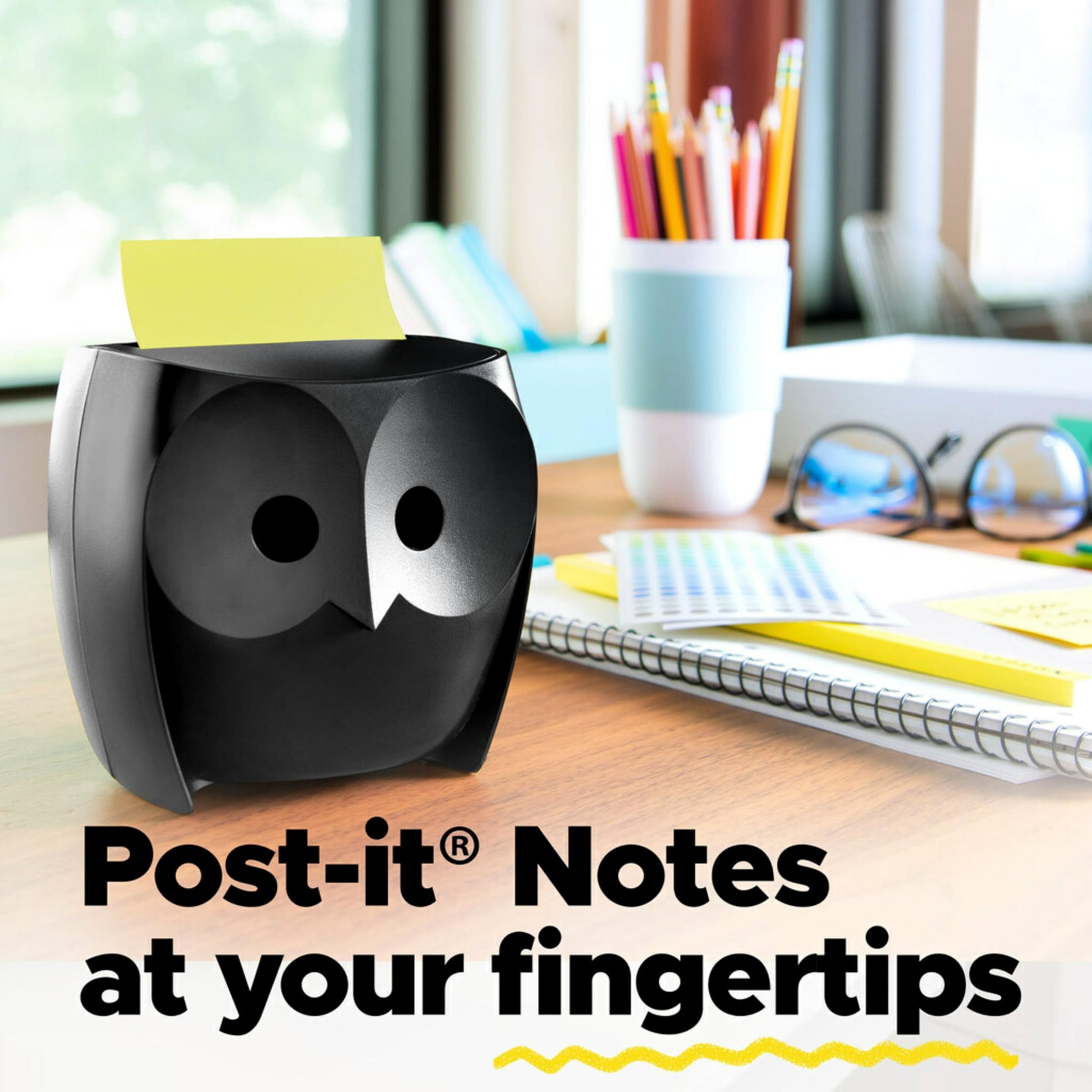 Post-it Note Dispenser, Sticky Note Holder, Black Base, Clear Top, Includes 50 Sheets of 3 in x 3 in Canary Yellow Pop-Up Notes, Classroom or Office Supplies