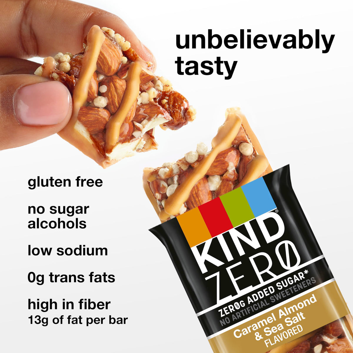 KIND ZERO Added Sugar Bars, Caramel Almond & Sea Salt, Keto Friendly Snacks, Gluten Free, 5g Protein, 5 Count