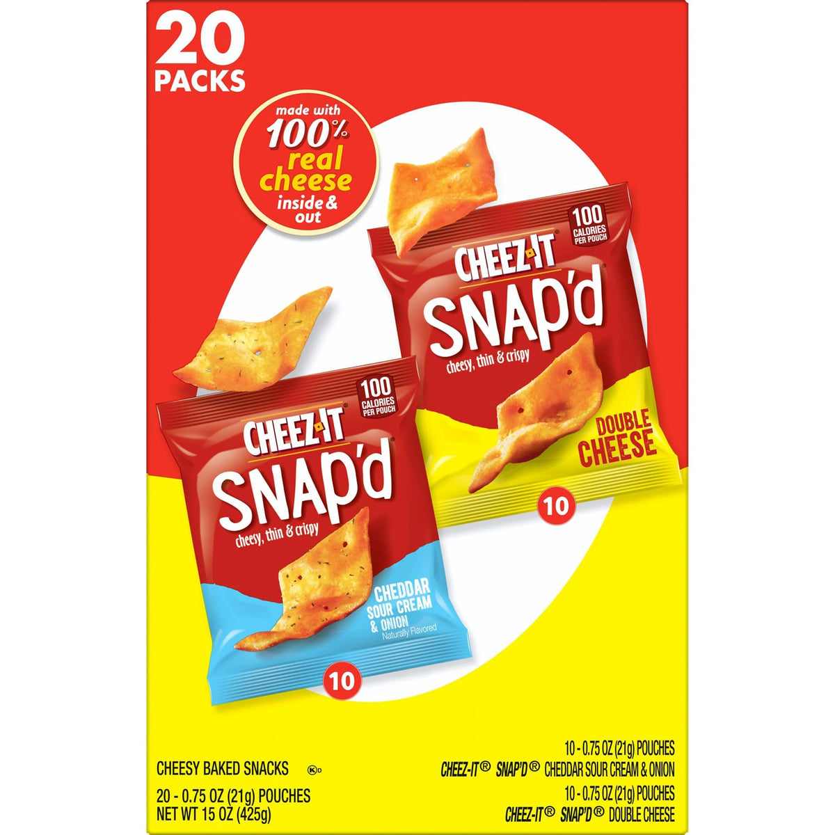 Cheez-It Snap'd Cheese Cracker Chips, Thin Crisps, Lunch Snacks, Variety Pack, 15oz Box (20 Packs)