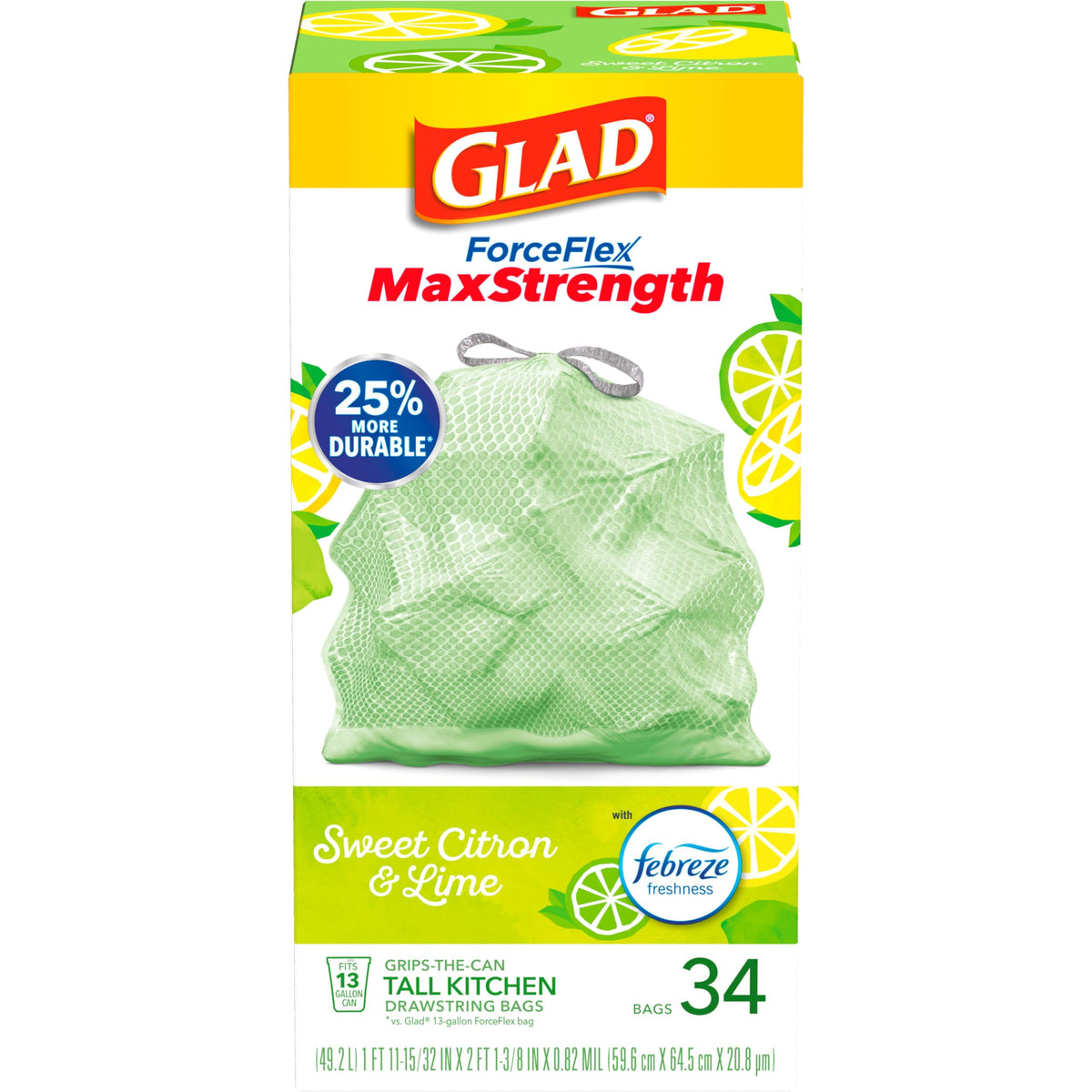Glad ForceFlex MaxStrength Tall Kitchen Drawstring Trash Bags, 13 Gallon, Sweet Citron Lime with Febreze Freshness, 34 Count, Package May Vary