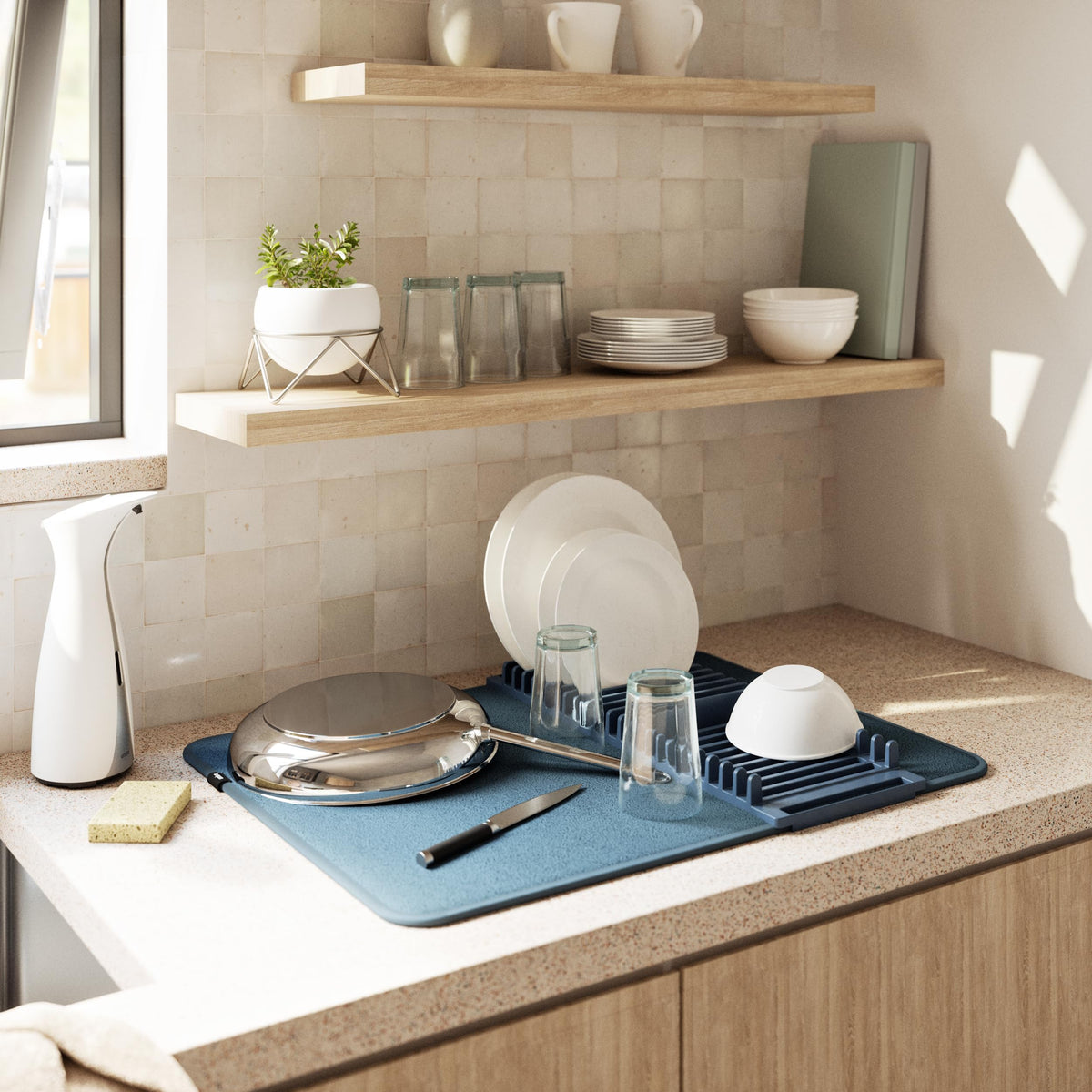 Umbra Udry Dish Rack and Microfiber Drying Mat – Space-Saving Design Folds Up for Easy Storage, Basic Rack, Denim