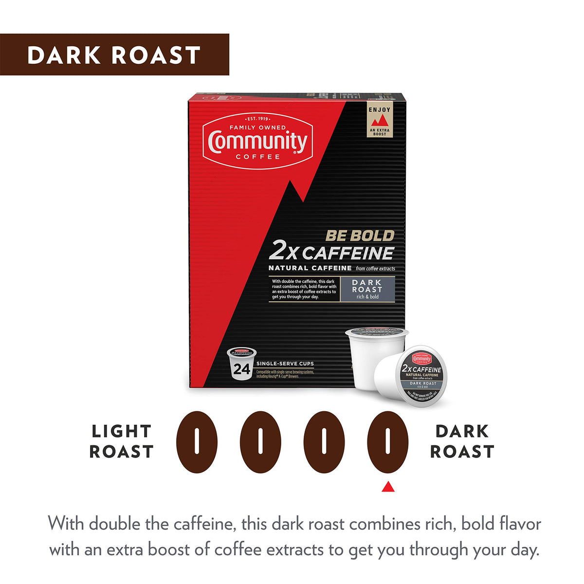 Community Coffee 2X Caffeine 60 Count Coffee Pods, Dark Roast, Compatible with Keurig 2.0 K-Cup Brewers, 10 Count (Pack of 6)