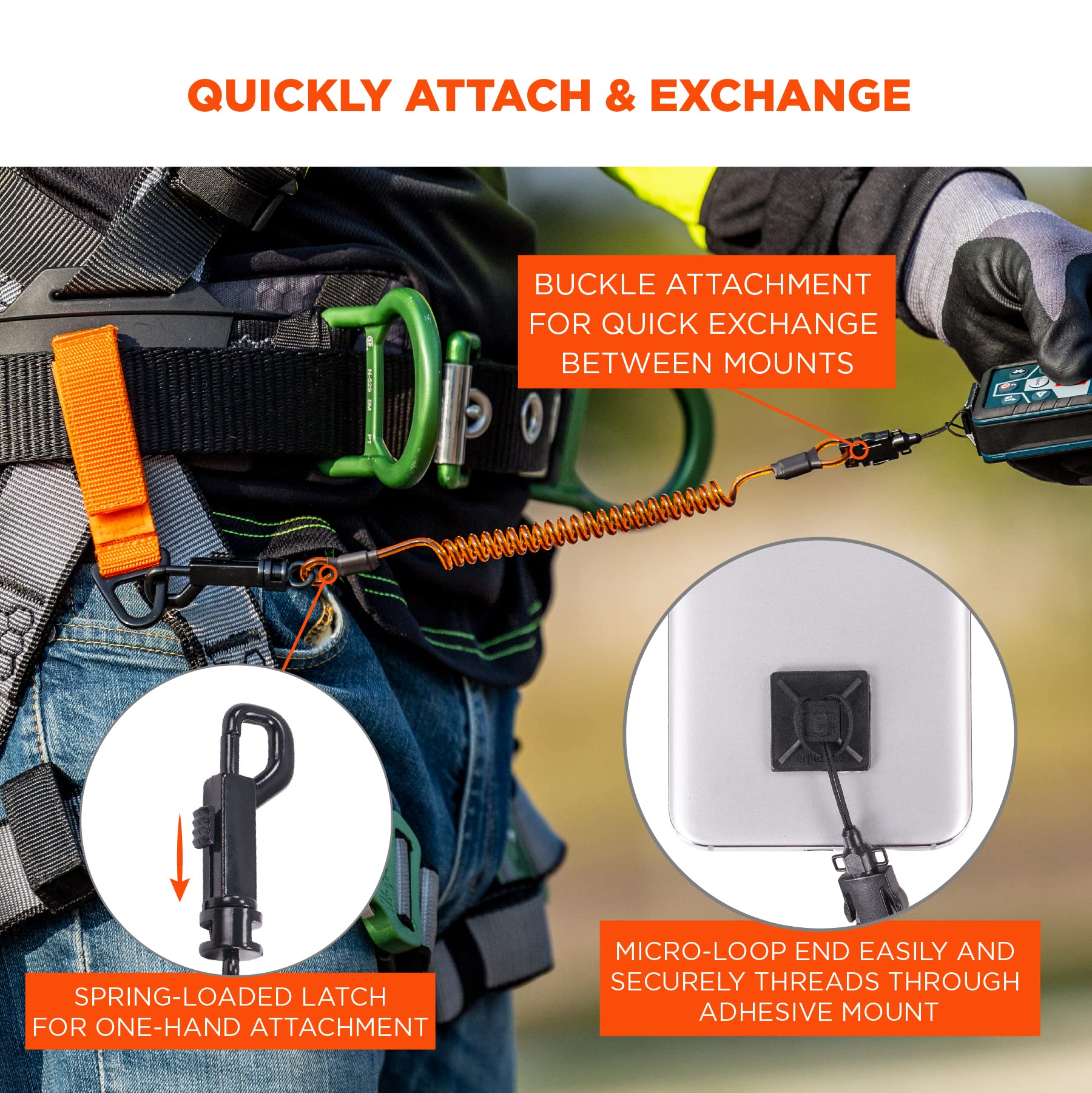 Ergodyne Squids 3151 Coiled Lanyard Tether with Swivel Hook, Detachable End, Self-Adhesive Mounts Included,Orange and Black