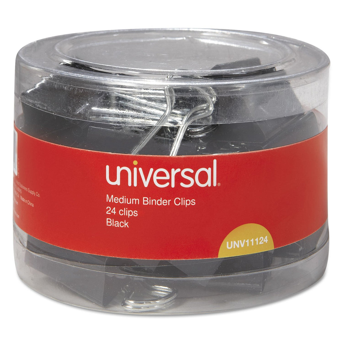 Universal UNV11124 Binder Clips with Storage Tub - Medium, Black/Silver (24/Pack)