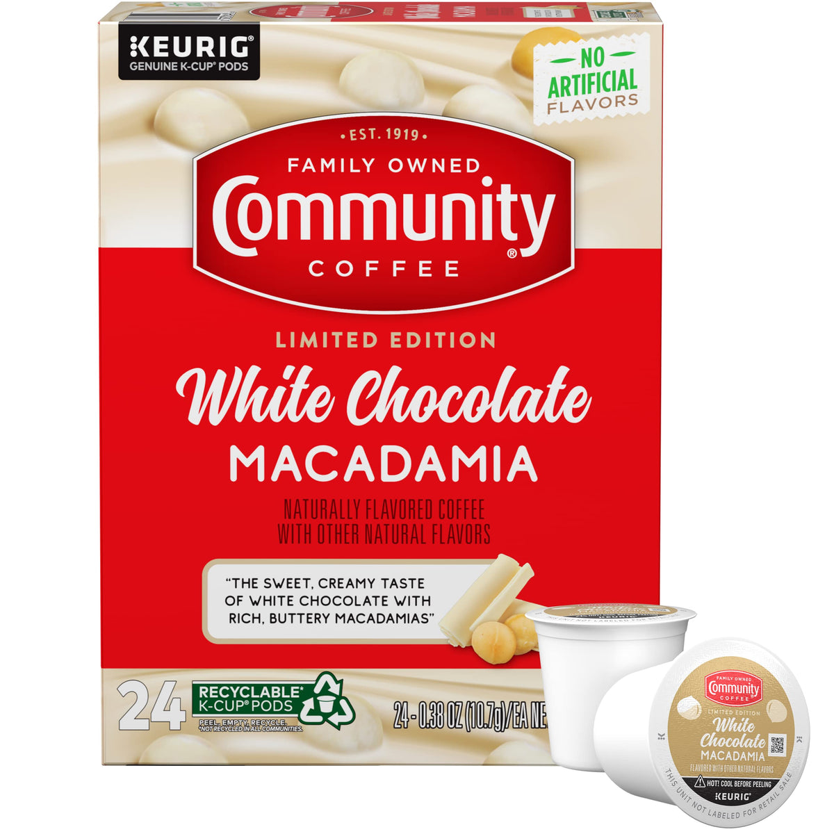 Community Coffee Limited Edition White Chocolate Macadamia 96 count Flavored Coffee Pods, Medium Roast Compatible with Keurig 2.0 K-Cup Brewers, 24 count (Pack of 4)