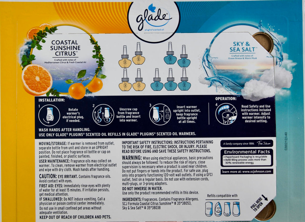 Glade Plugins Scented Oil Sky Sea Salt and Sunshine Citrus, 9 Refills + 1 Warmer, Blue Orange