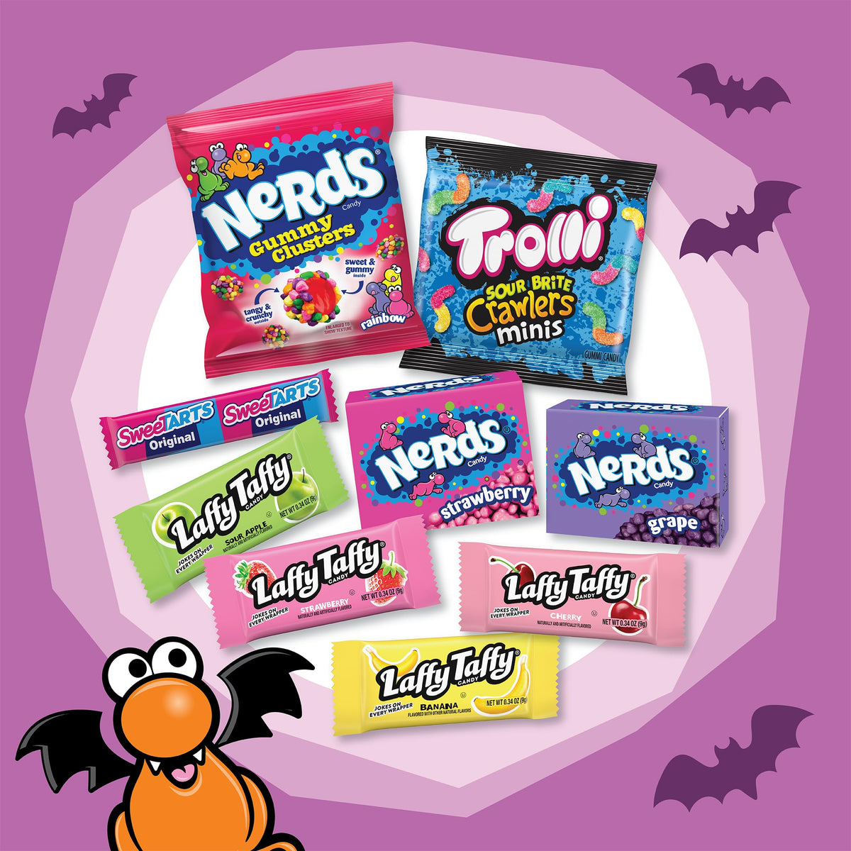 Halloween Candy Core Winners Trick-or-Treat Variety Bag, Nerds Gummy Clusters, Sweetarts, Trolli, Laffy Taffy, and Nerds Original, 180 Pieces, 59.76 Ounces