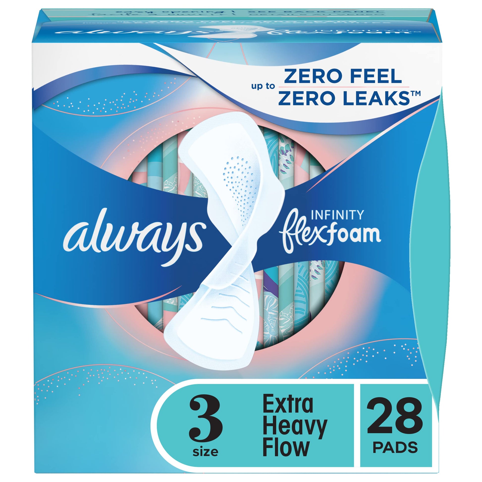 Always Infinity Feminine Pads for Women, Size 3, Extra Heavy Flow, with Wings, Unscented, 28 CT