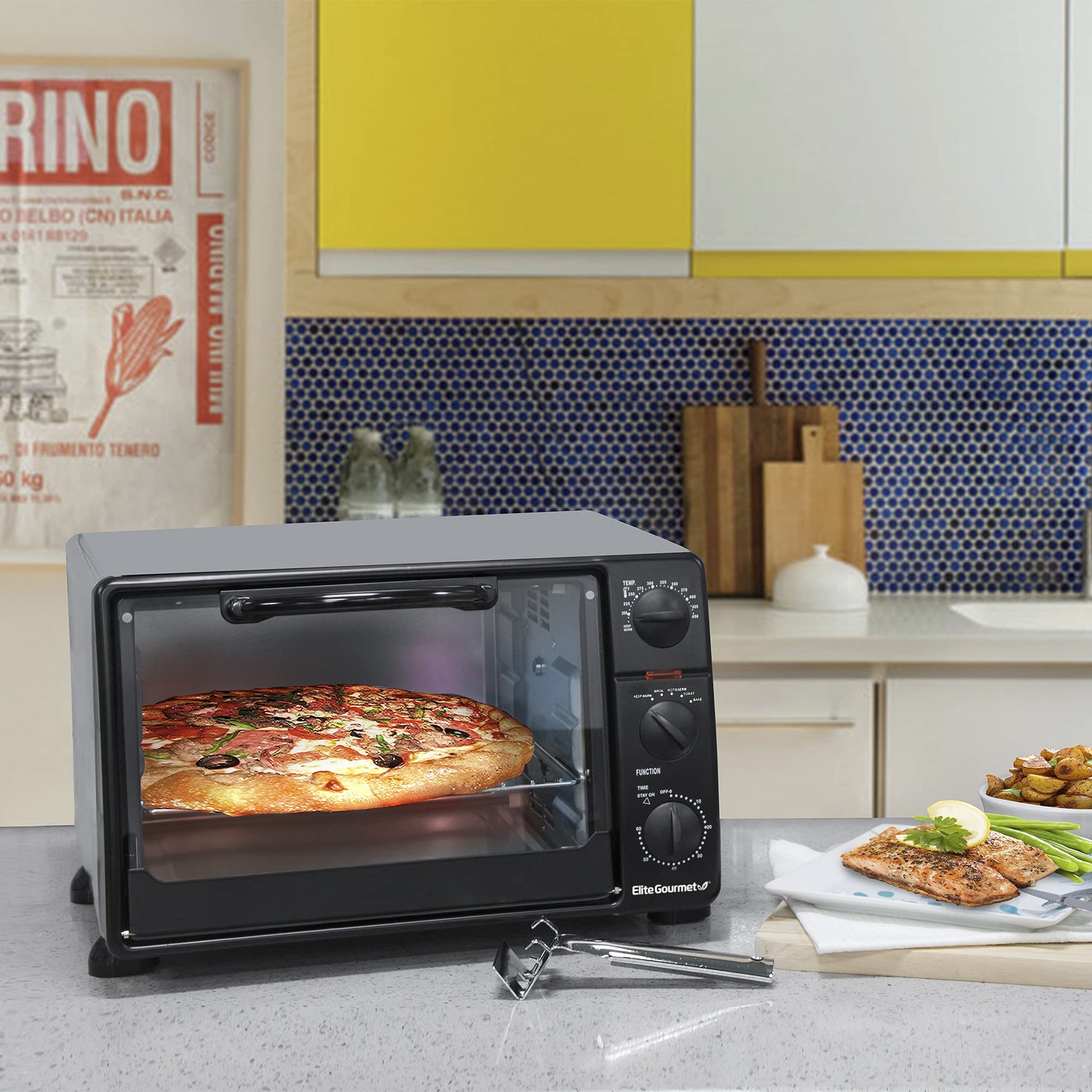 Elite Gourmet ERO-2008NFFP Countertop XL Toaster Oven Rotisserie, Bake, Grill, Broil, Roast, Toast, Keep Warm and Steam, 23L capacity fits a 12â€ pizza, 6-Slice, Black