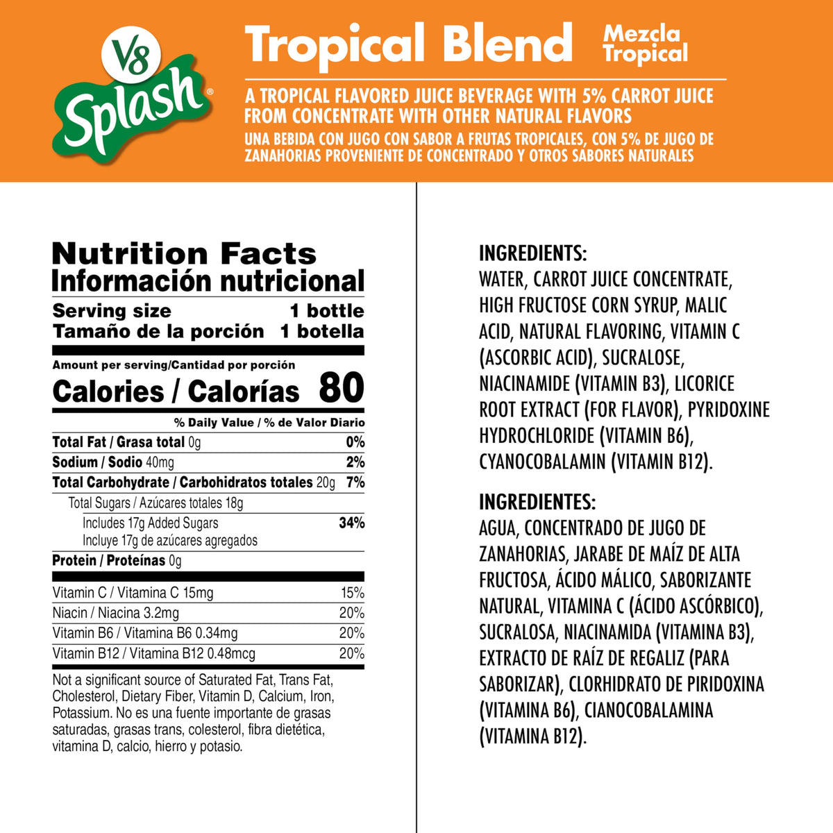 V8 Splash Tropical Blend Flavored Juice Beverage, 16 fl oz Bottle (12 Pack)