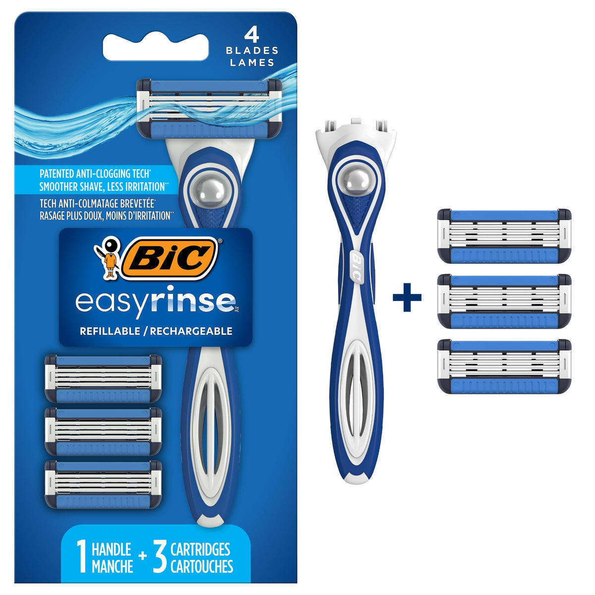 BIC EasyRinse Anti-Clogging, Refillable Men's Razors With 4 Blades, 1 Handle and 3 Refill Razor Cartridges Razor Kit