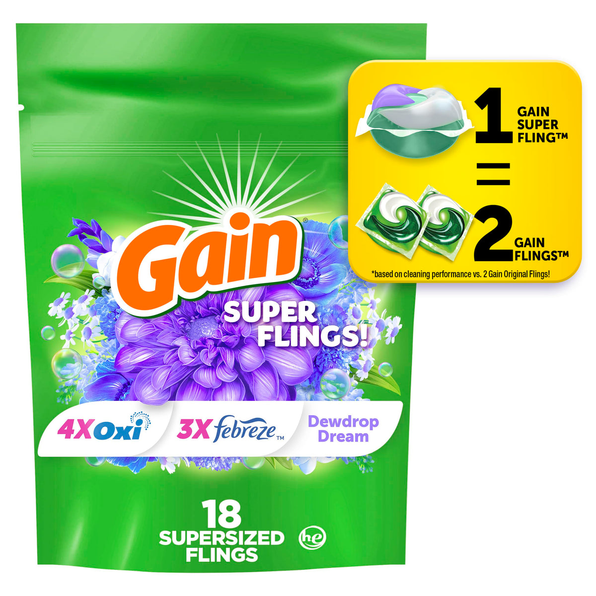 Gain Super Sized Flings Laundry Detergent Pacs, 18 Count, Dewdrop Dream Scent