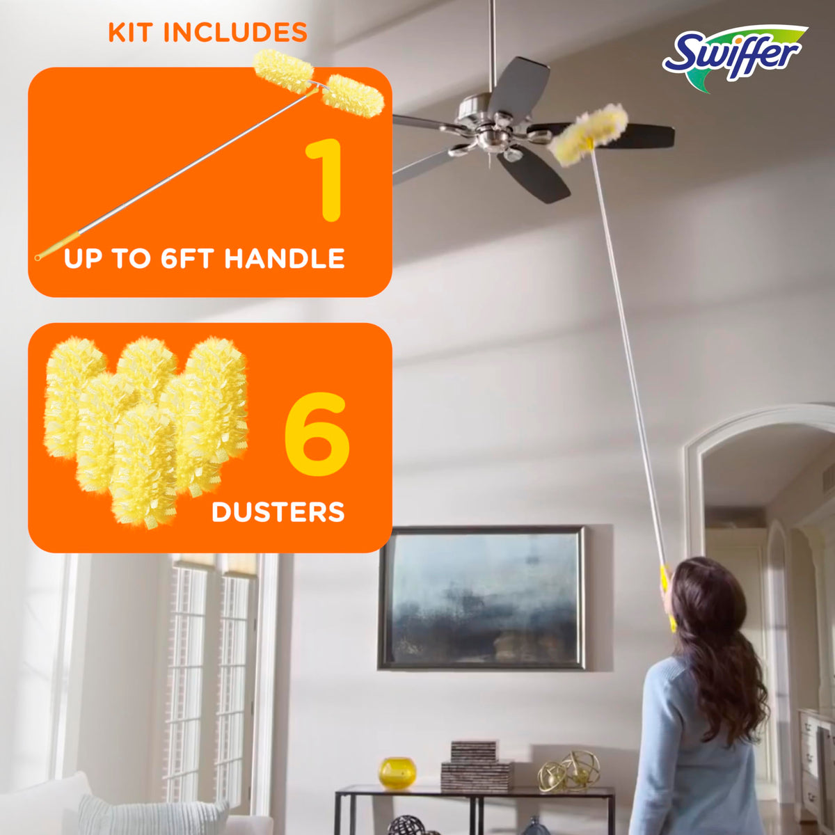 Swiffer Ceiling Fan Duster Super Extender Handle Starter Kit, 6 Heavy Duty Refills