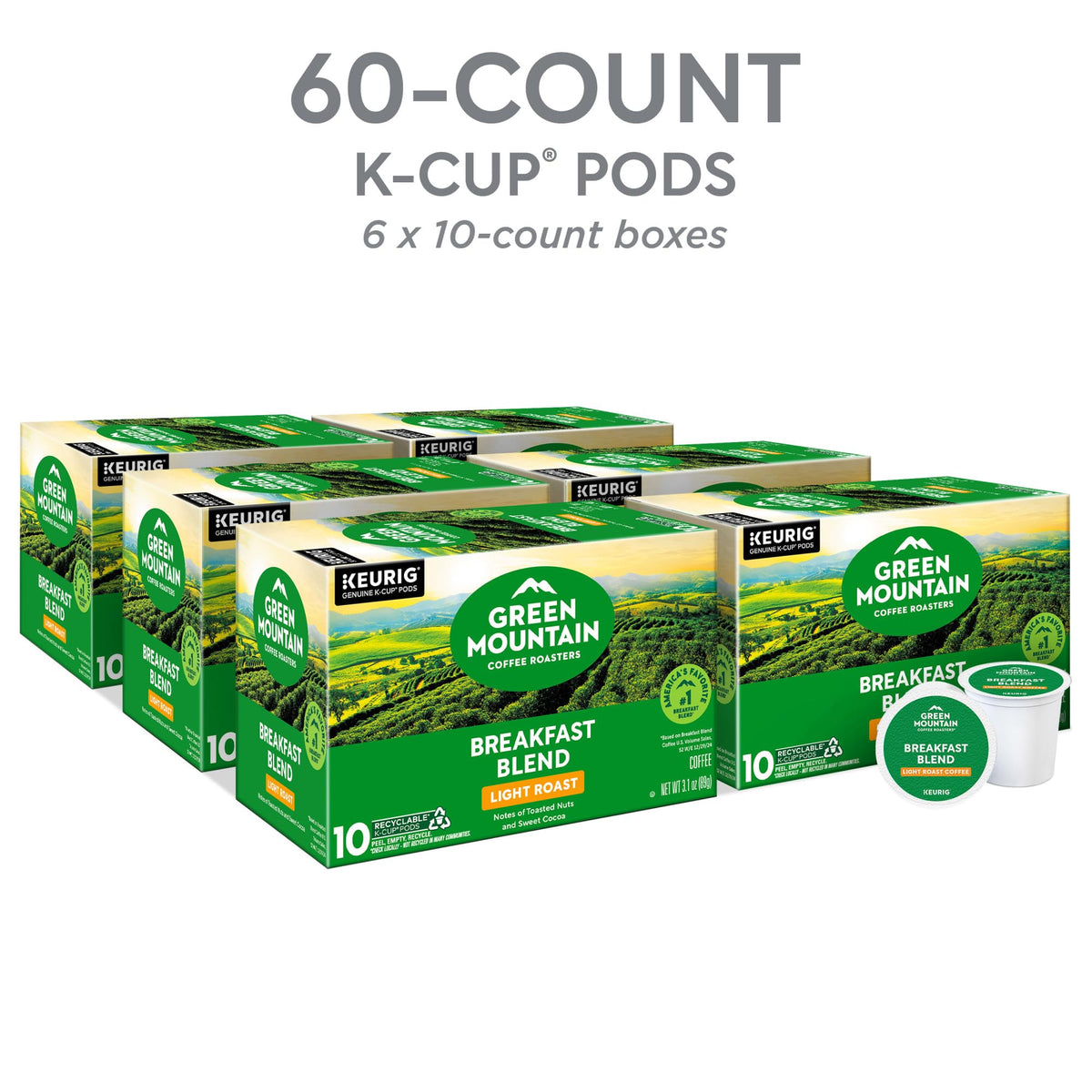 Green Mountain Coffee Roasters Breakfast Blend, Keurig Single Serve K-Cup Pods, Light Roast Coffee, 60 Count, (6 Packs of 10)