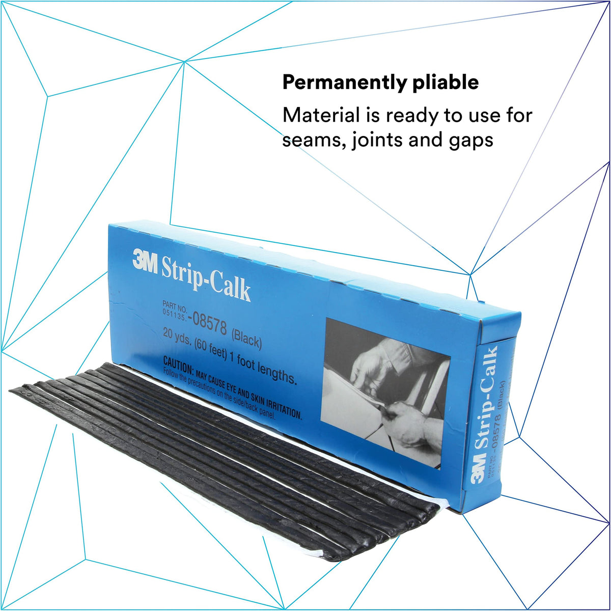 3M Strip Calk, 08578, 1 ft Strips, Black, Soft Butyl Rubber, Permanent Elasticity, Joint Filling, Trunk Seams, 60 Pack