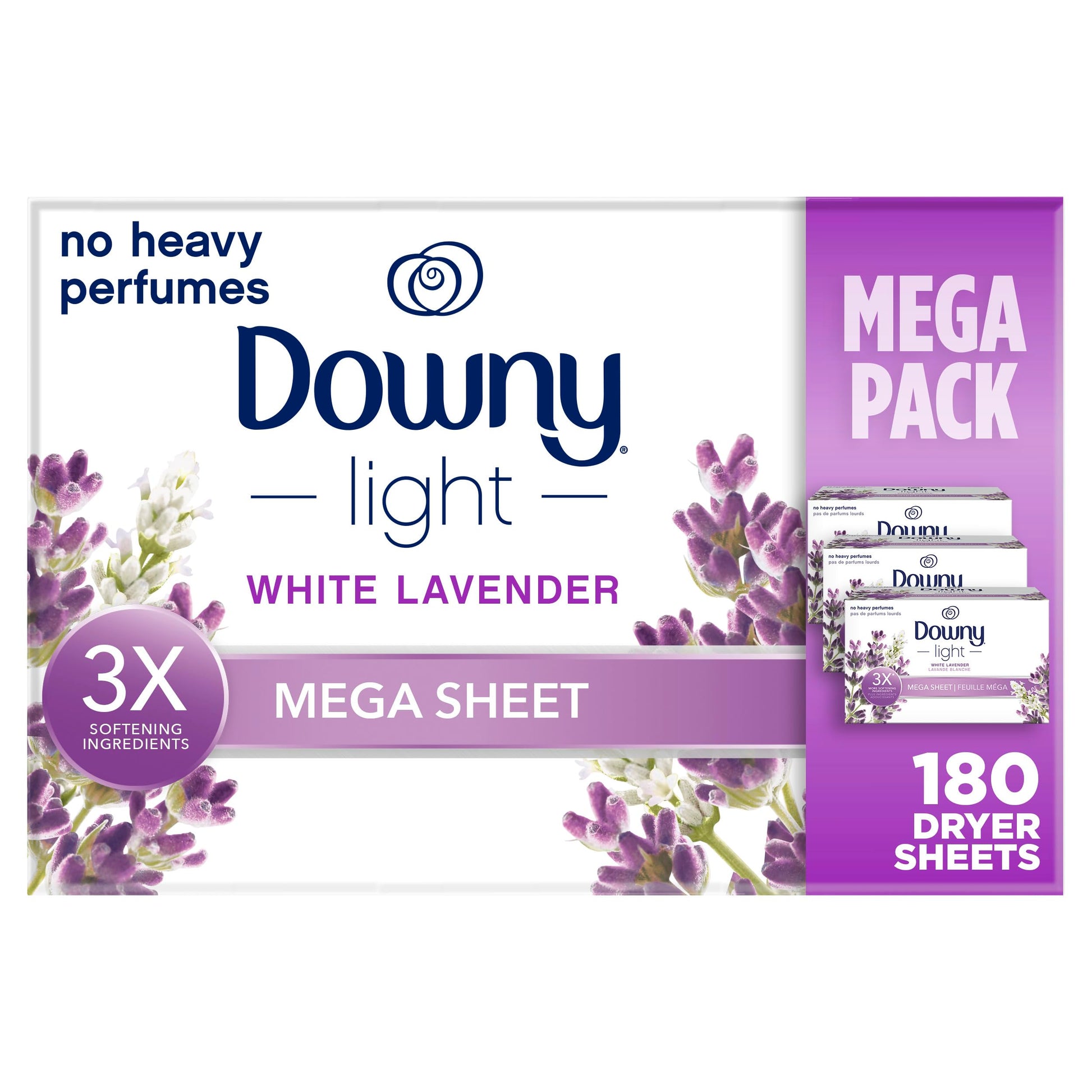 Downy Light Mega Dryer Sheets, Fabric Softener Dryer Sheets, White Lavender, 180 Count