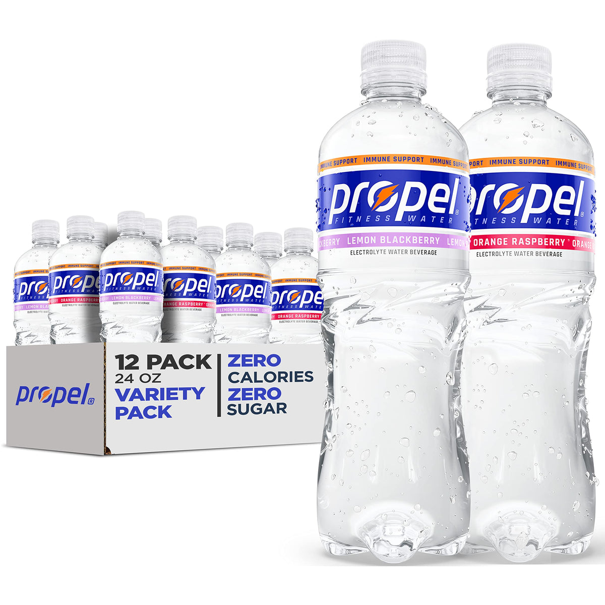 Propel Immune Support Liquid with Vitamin C + Zinc, Lemon Blackberry & Orange Raspberry Variety Pack, 24oz Bottles (Pack of 12)