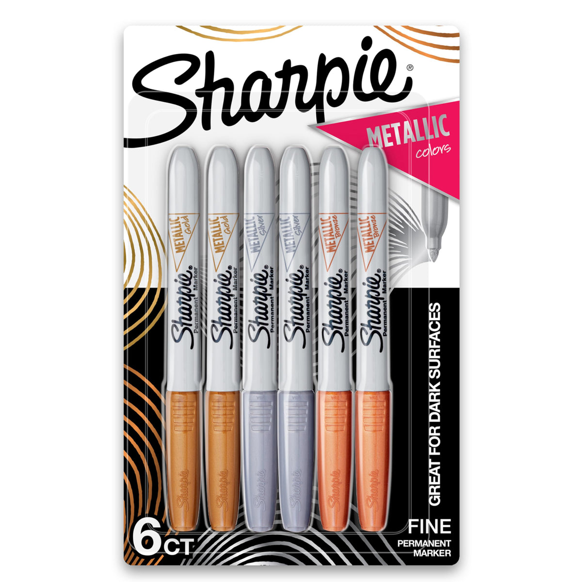 Sharpie Metallic Permanent Markers, Fine Point, Assorted Metallic, 6 Count