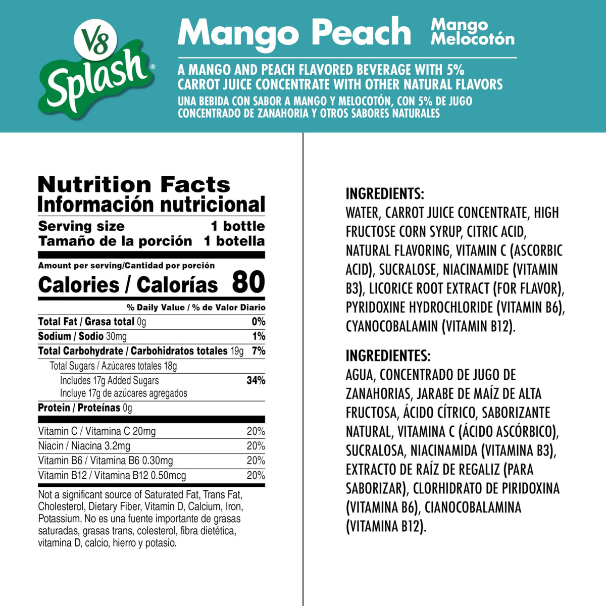 V8 Splash Mango Peach Flavored Juice Beverage, 16 fl oz Bottle (12 Pack)