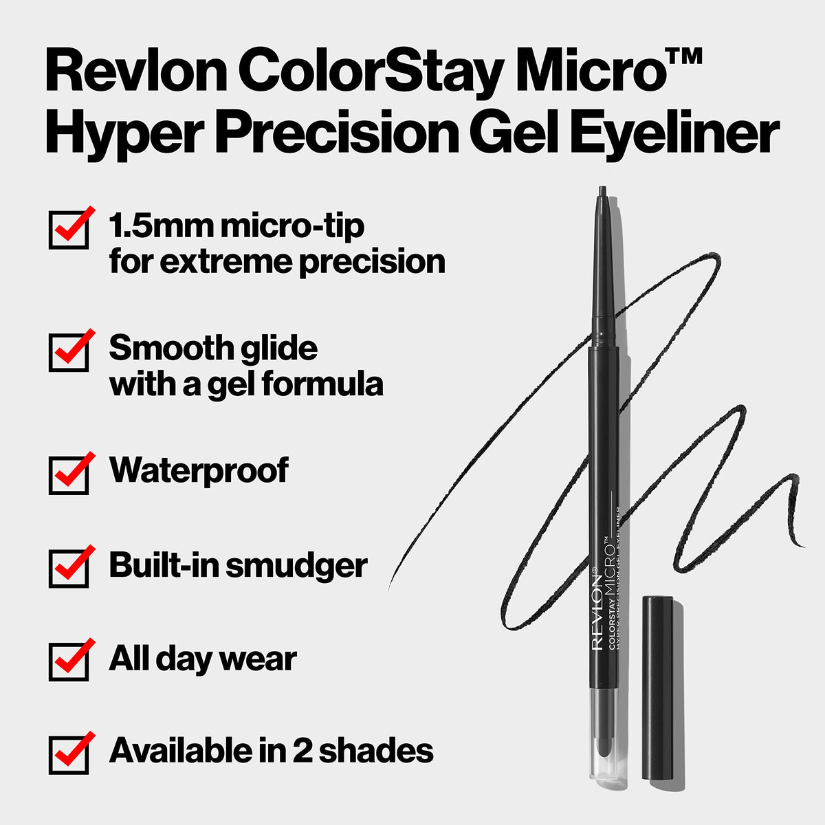 Revlon Gel Eyeliner, ColorStay Micro Hyper Precision Eye Makeup with Built-in Smudger, Waterproof, Longwearing with Micro Precision Tip, 214 Black, 0.002 oz