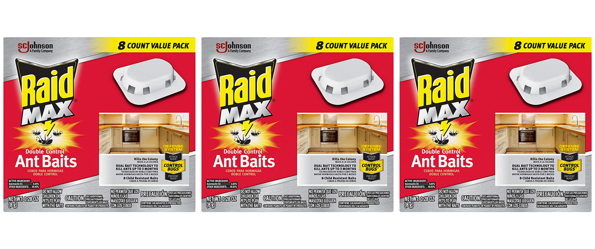 Raid Max Double Control Ant Baits, Household Use Defense System to Control Bugs, Dual Bait Technology, 8 CT (Pack of 3)