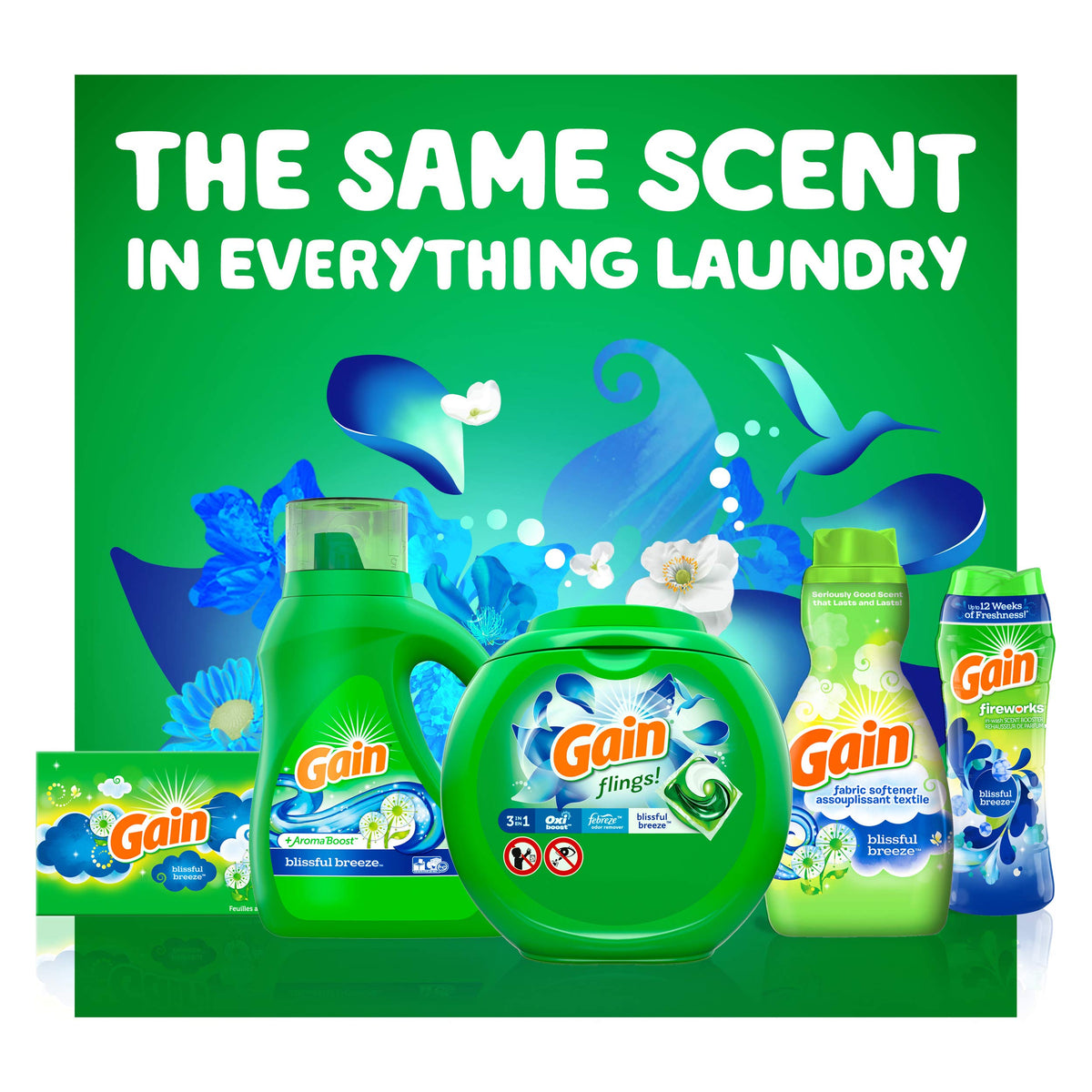 Gain Flings! Liquid Laundry Detergent Pacs, Blissful Breeze, 81 Count