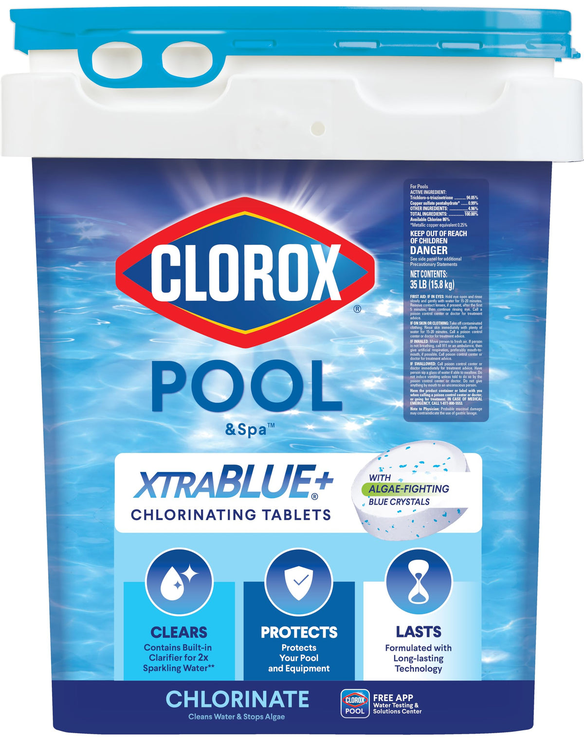 Clorox Pool&Spa XTRABLUE Plus 3” Chlorinating Tablets, Individually Wrapped, Kills Bacteria & Stops Algae (35 LB)