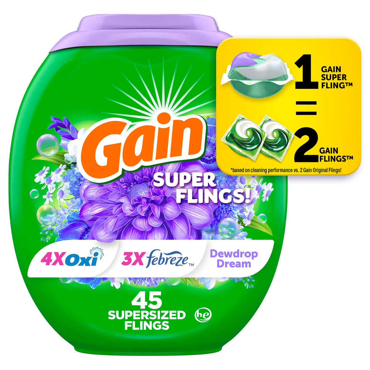Gain Super Sized Flings Laundry Detergent Pacs, 45 Count, Dewdrop Dream Scent