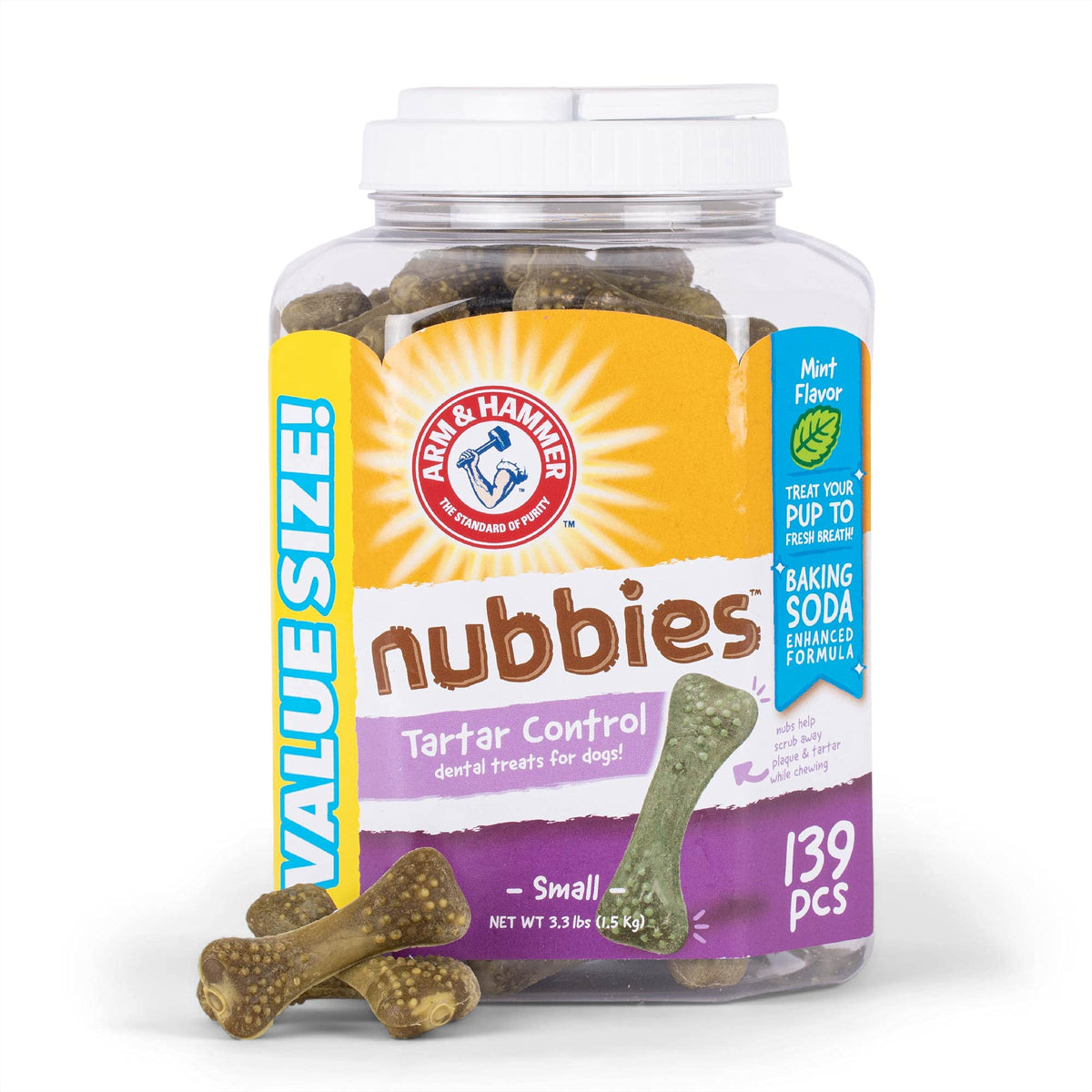 Arm & Hammer for Pets Nubbies Dental Treats for Dogs | Dental Chews Fight Bad Breath, Plaque & Tartar Without Brushing | Mint Flavor Value Bucket, 139 Pcs