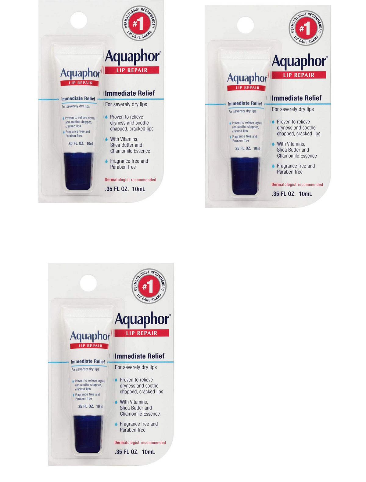Aquaphor Lip Repair Ointment - Long-lasting Moisture to Soothe Dry Chapped Lips - .35 fl. oz Tube, 3 Pack