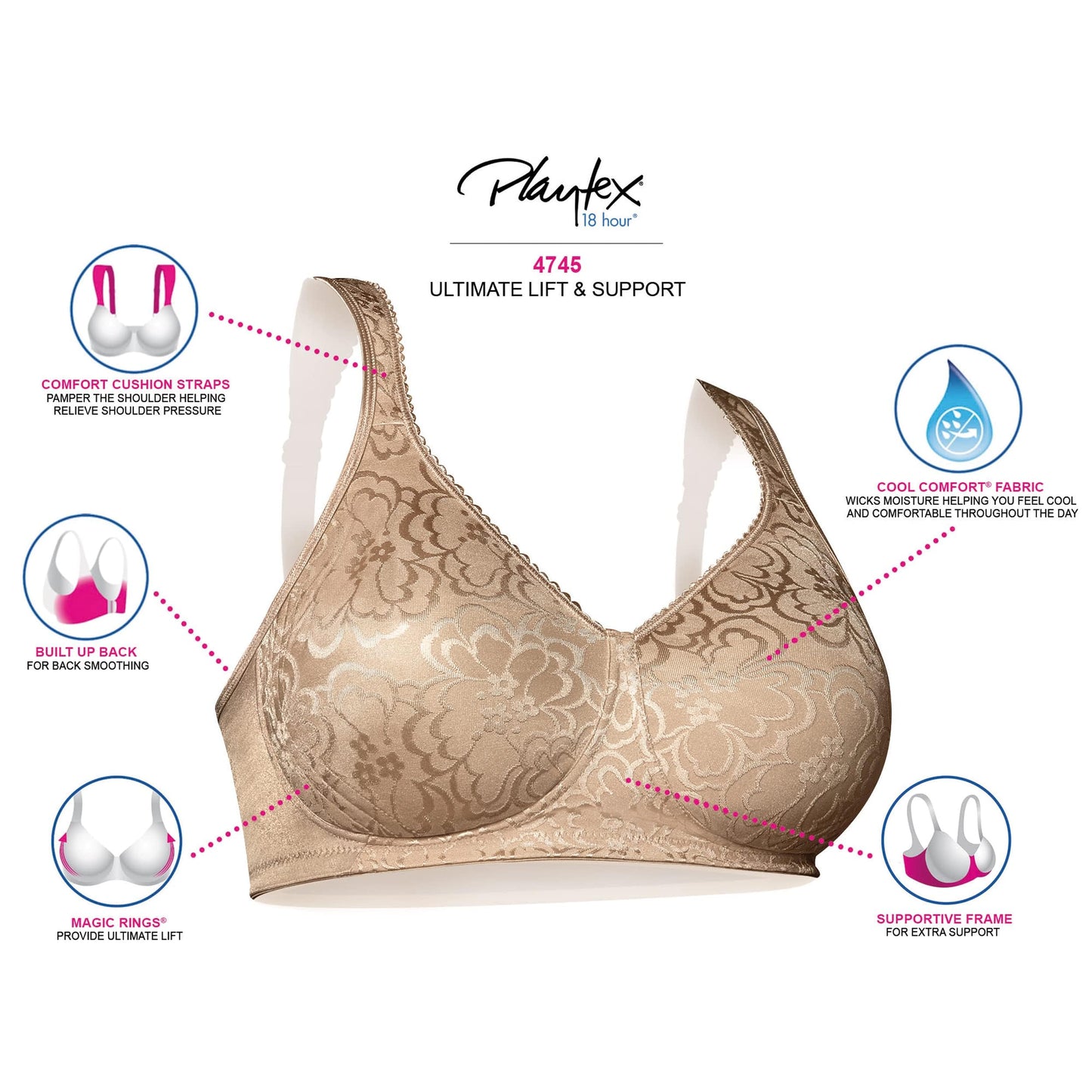 Playtex Women's 18-Hour Ultimate Lift Wireless Full-Coverage Everyday Comfort Bra, Crystal Grey, 40DD