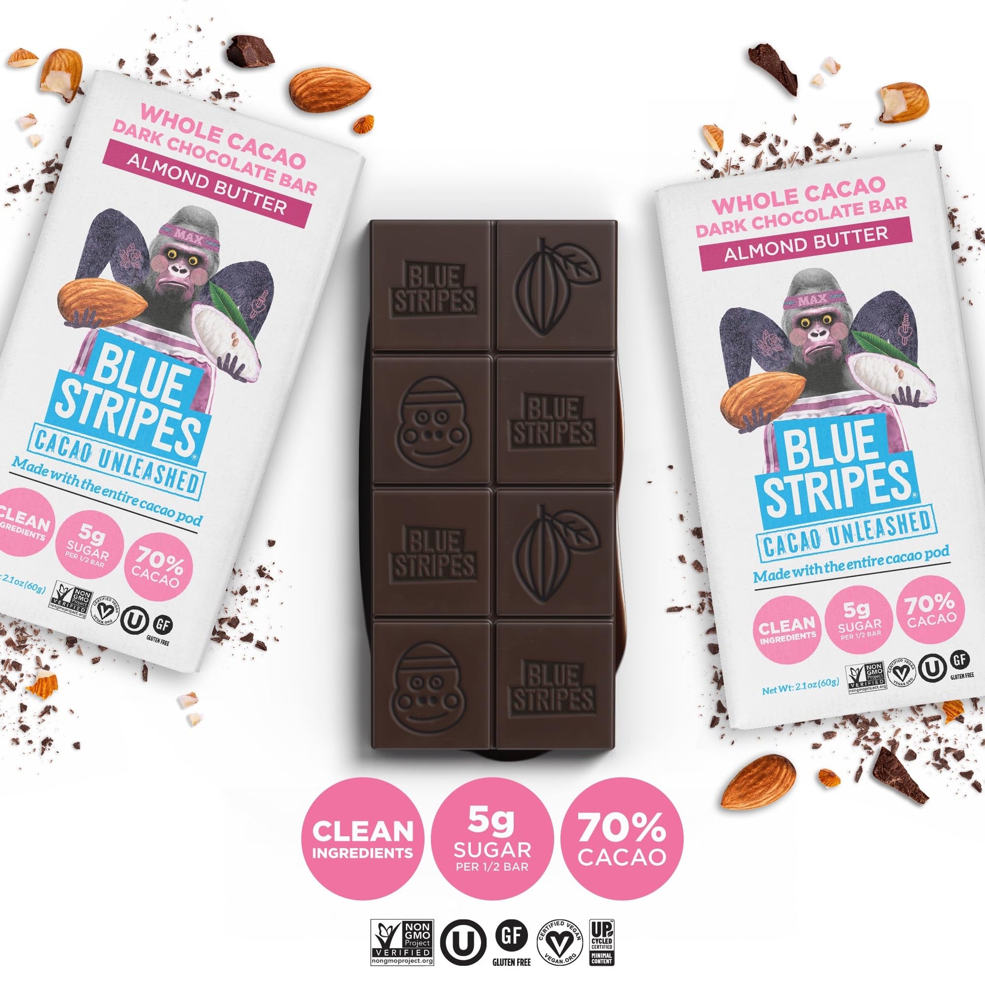 Blue Stripes Whole Cacao Almond Butter Dark Chocolate Bar, 2.1 OZ