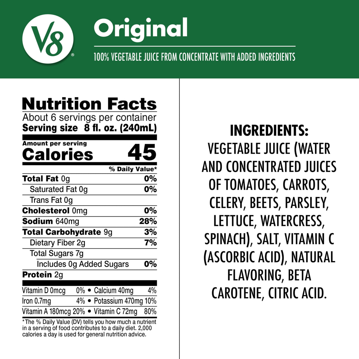 V8 Original 100% Vegetable Juice, 46 fl oz Bottle (6 Pack)