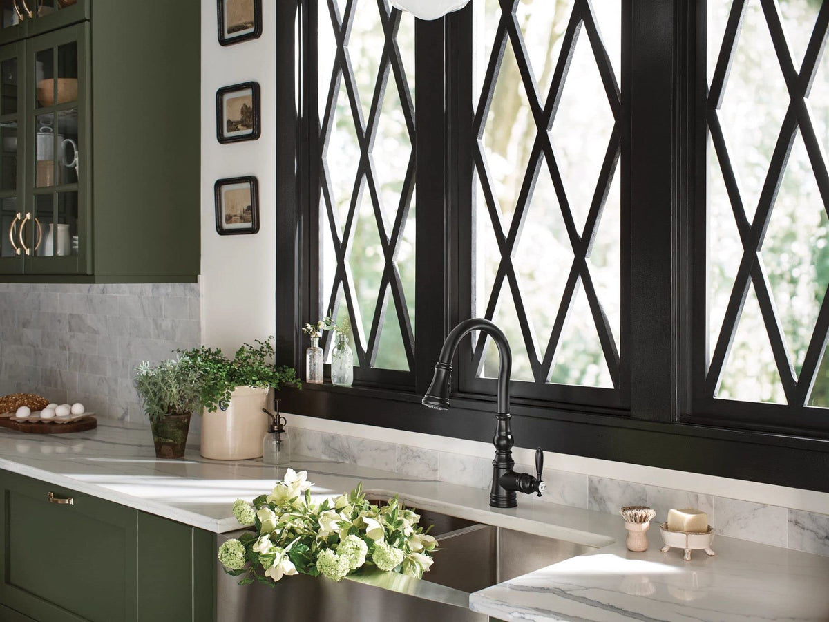 Moen Weymouth Matte Black Shepherd's Hook Pulldown Kitchen Faucet Featuring Metal Pull Down Sprayer with Power Boost, S73004BL
