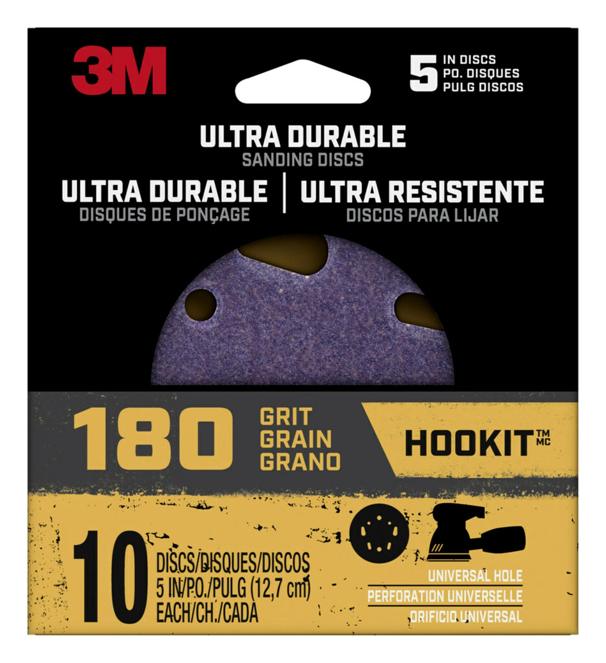 3M Ultra Durable 5 inch Power Sanding Discs, Universal Hole, 180 Grit, 10/Pack