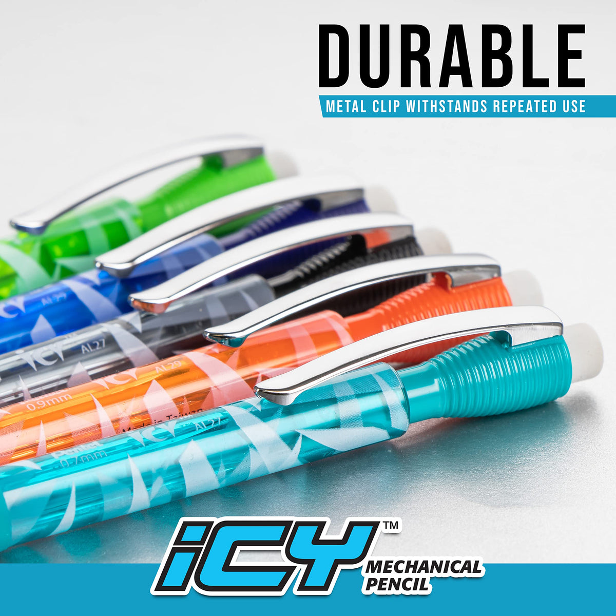 Pentel Icy Mechanical Pencil, (0.7mm) Medium Line, Flag Barrel, Assorted Grips (B/C/W) Clear Dozen Box