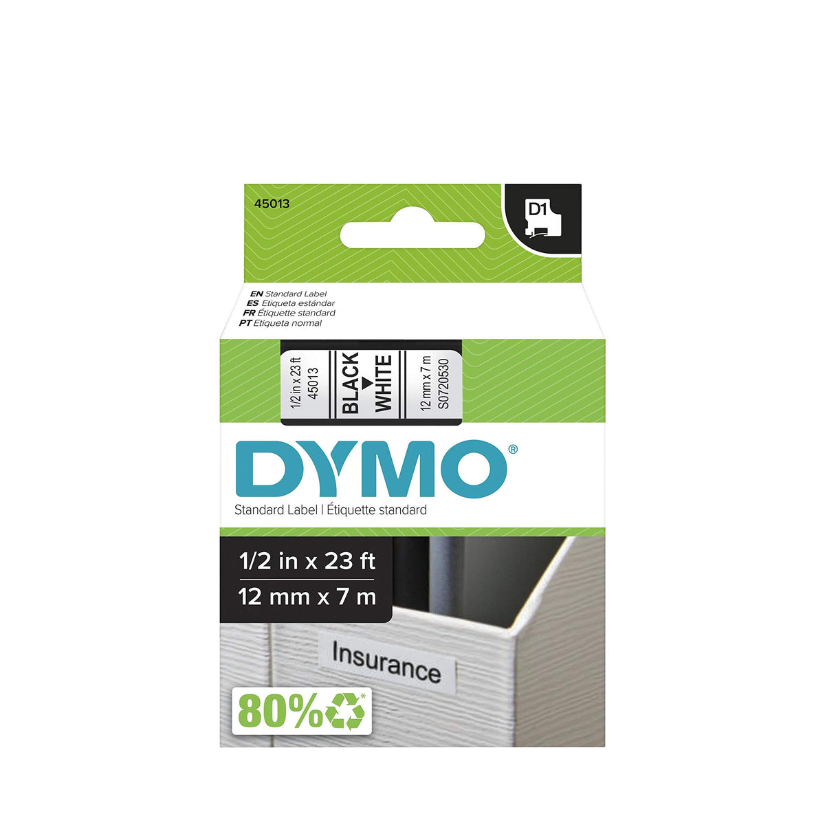 DYMO D1 Labels 1/2-Inch x 23-Foot Roll Black Print on White Self-Adhesive For LabelManager Label Makers