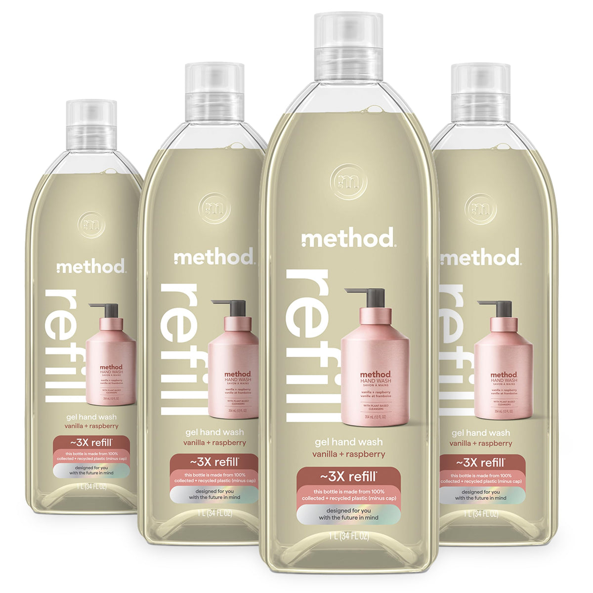 Method Premium Gel Hand Soap Refill, Vanilla + Raspberry, Recyclable Bottle, Biodegradable Formula, 34 fl oz (Pack of 4) (Packaging May Vary)