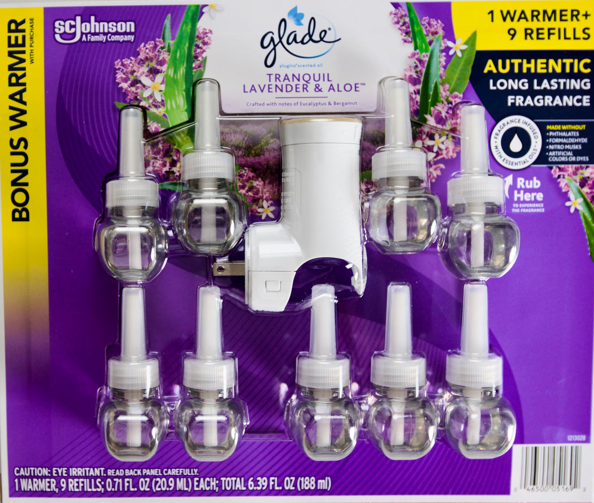 Glade Plugins Scented Oil Tranquil Lavender & Aloe, 9 Refills + 1 Warmer, Purple