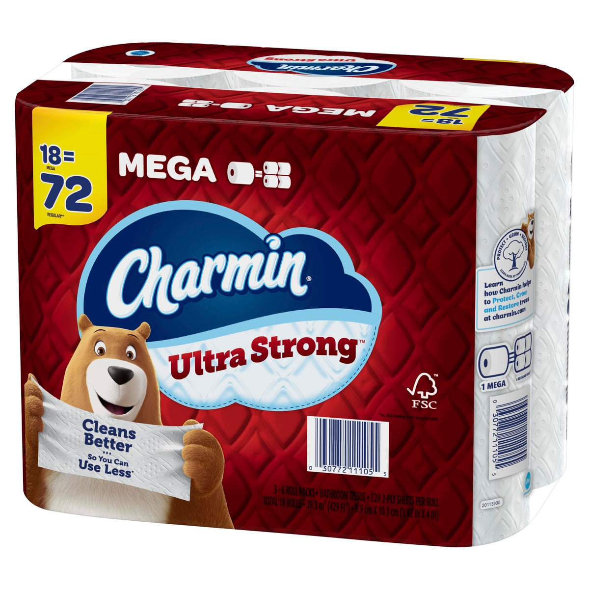 Charmin Ultra Strong Toilet Paper Mega Rolls, 4" x 3-15/16", White, 220 Sheets Per Roll, Pack Of 18 Mega Rolls