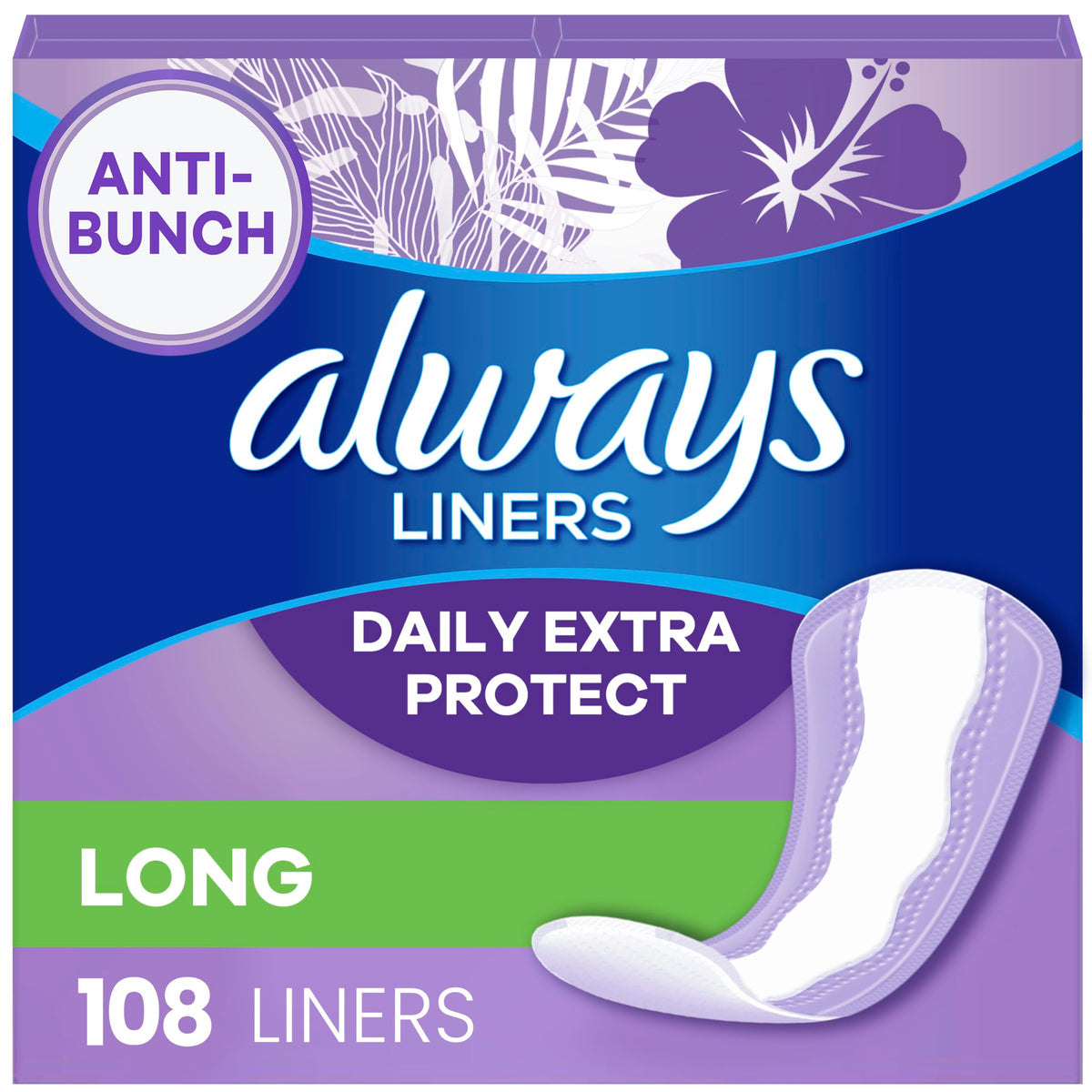 Always Daily Extra Protect Liners, Long Length, Unscented Panty Liners, 108 Count