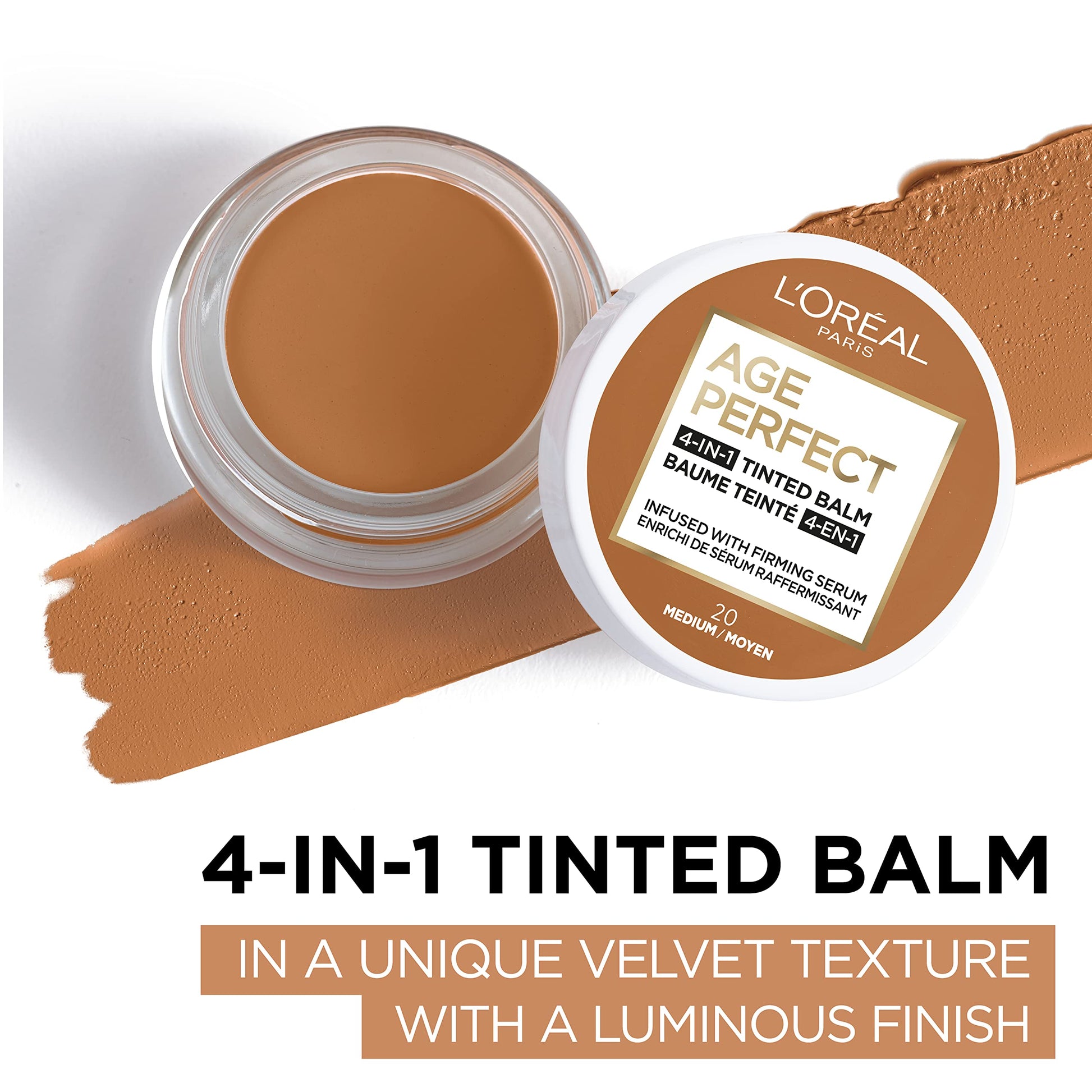 L'Oreal Paris Age Perfect 4-in-1 Tinted Face Balm Foundation with Firming Serum, Medium 20, 0.61 Ounce
