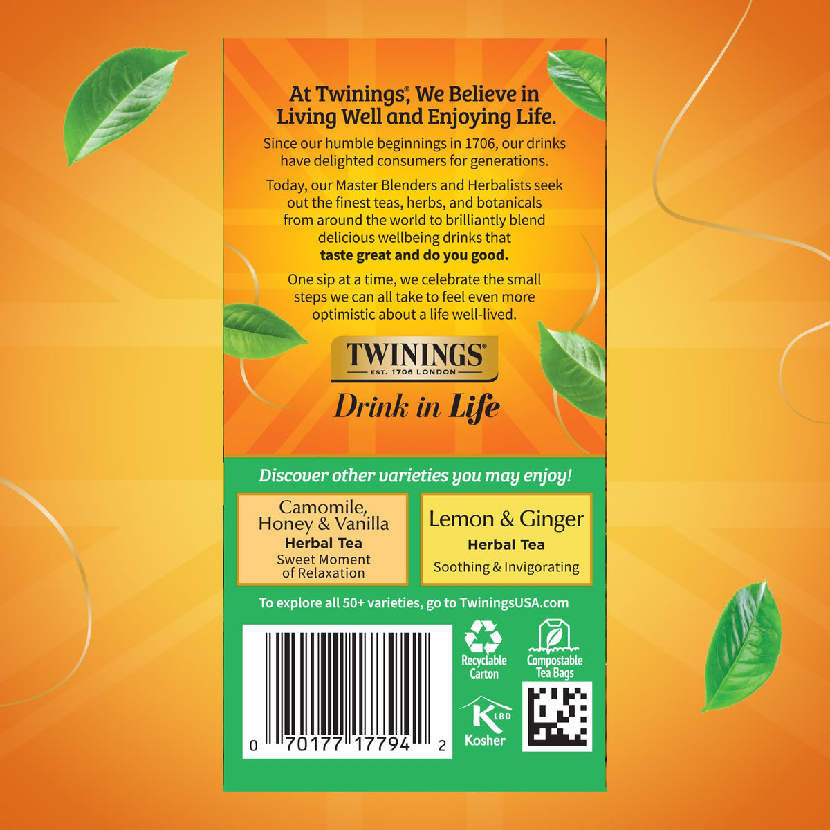 Twinings Decaffeinated Green Tea Individually Wrapped Bags, 20 Count (Pack of 6), Smooth Flavour, Enticing Aroma, Enjoy Hot or Iced, 120 Teabags