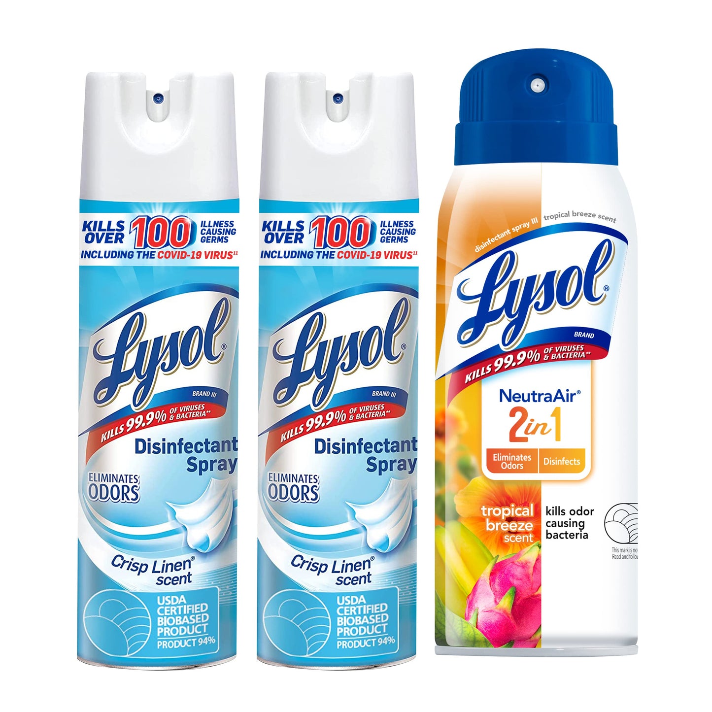 Lysol Disinfectant Spray Bundle - 2 Crisp Linen Disinfectant Sprays (19 Ounce Aerosol) and One Tropical Breeze 2-in-1 NeutraAir Spray (10 Ounce Aerosol)