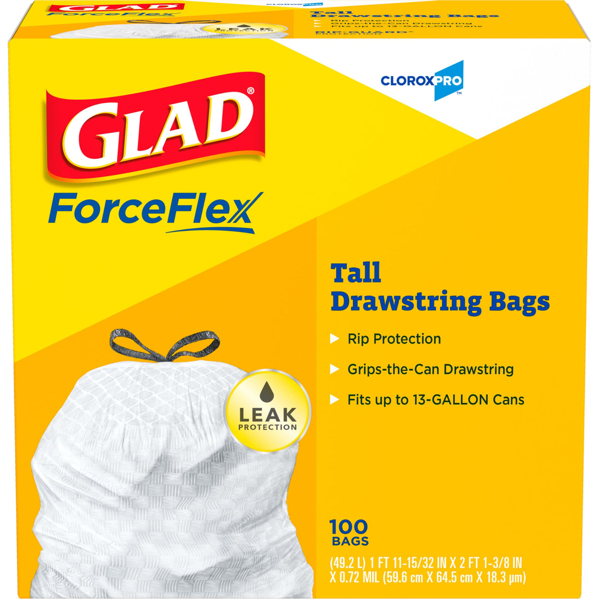 CloroxPro Glad ForceFlex 13 Gallon Tall Kitchen Drawstring Trash Bags, 100 Count (Package May Vary)