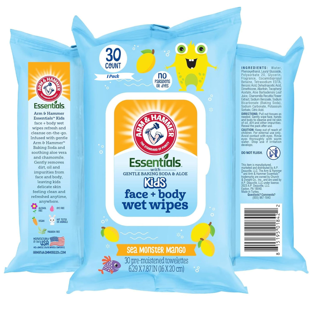 Sea Monster Mango Baby Wipes - 30 Count Travel Friendly Face & Body Wet Wipes - 1 Flip-Top Pack of Towelettes Infused with Aloe Vera & Chamomile