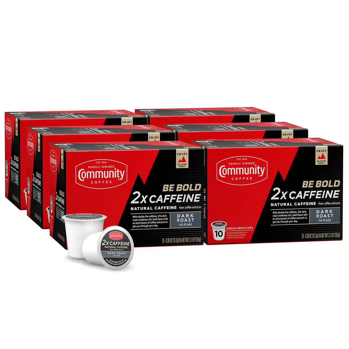 Community Coffee 2X Caffeine 60 Count Coffee Pods, Dark Roast, Compatible with Keurig 2.0 K-Cup Brewers, 10 Count (Pack of 6)