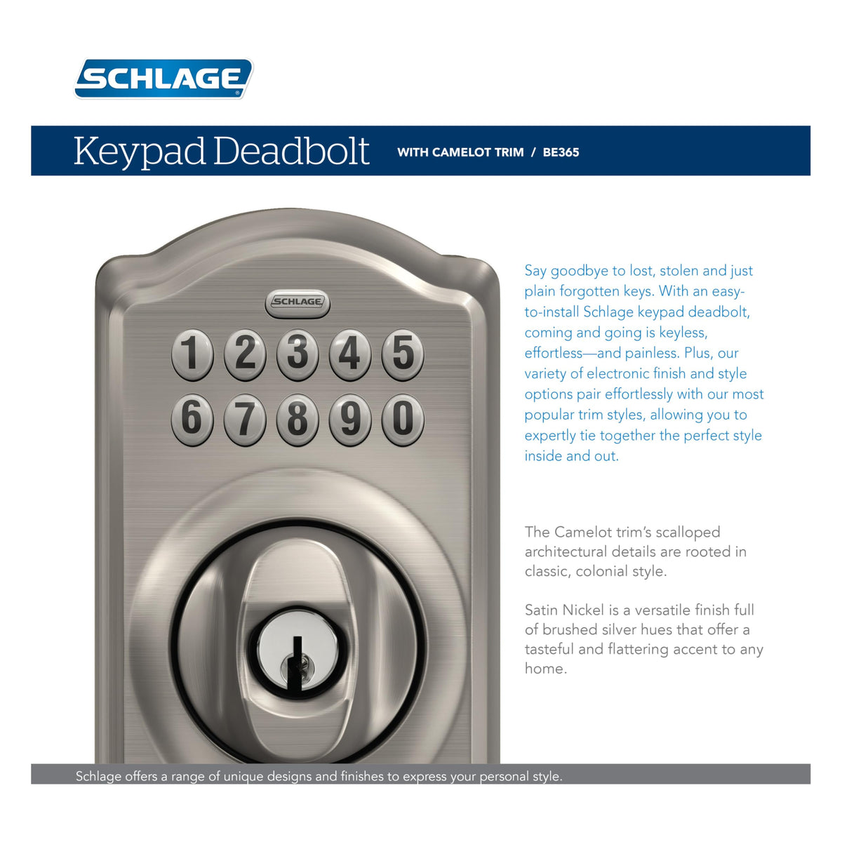 Schlage BE365 V CAM 716 Camelot Keypad Deadbolt, Electronic Keyless Entry Lock, Aged Bronze
