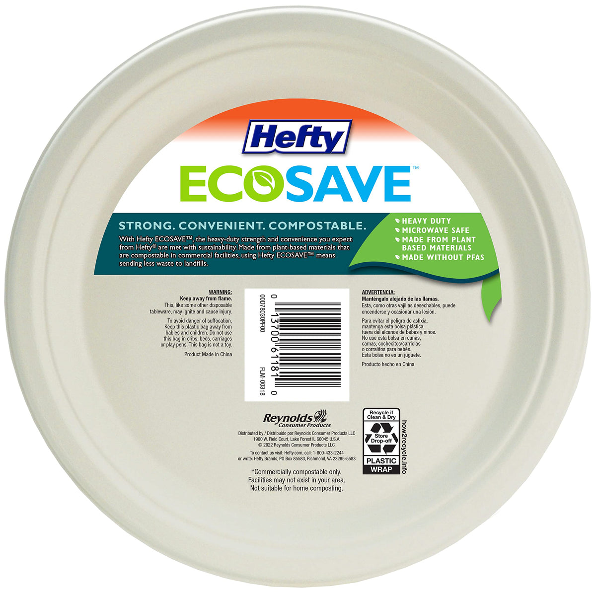 Hefty ECOSAVE 100% Compostable Paper Plates, 6-3/4 Inch, 30 Count