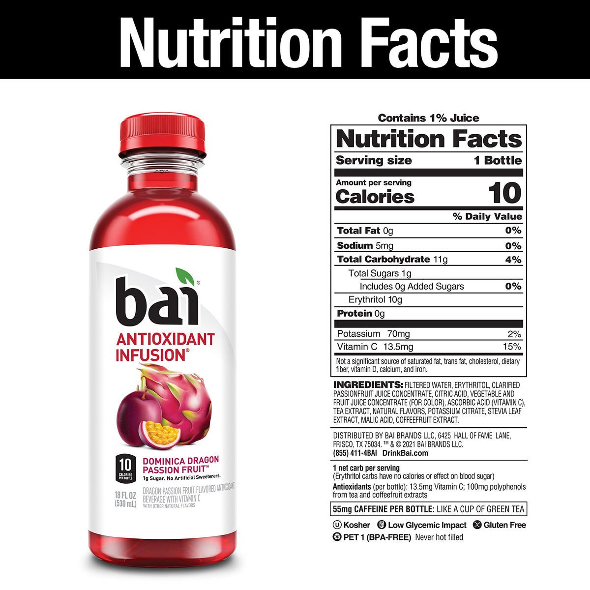 Bai Dominica Dragon Passion Fruit, Antioxidant Infused Beverage, 18 Fl Oz Bottle (Pack of 12)